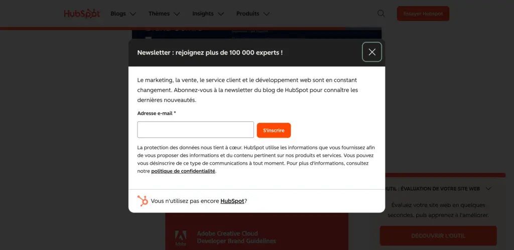 Pop-up HubSpot Abonnement Newsletter sur article de blog